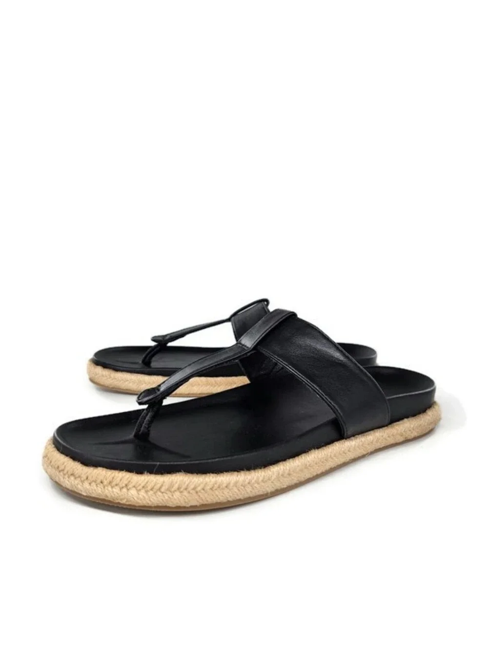 Joie Nacho Black Vegan Slide-On Thong Braided Jute Espadrille Flat Sandals